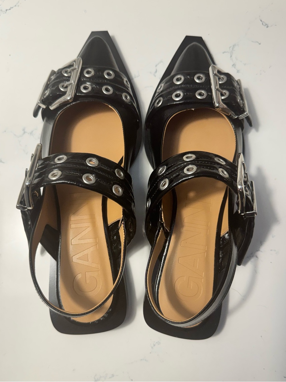 NWT GANNI Black Patent Buckle Slingback Flats – EU 39 / US 8.5–9